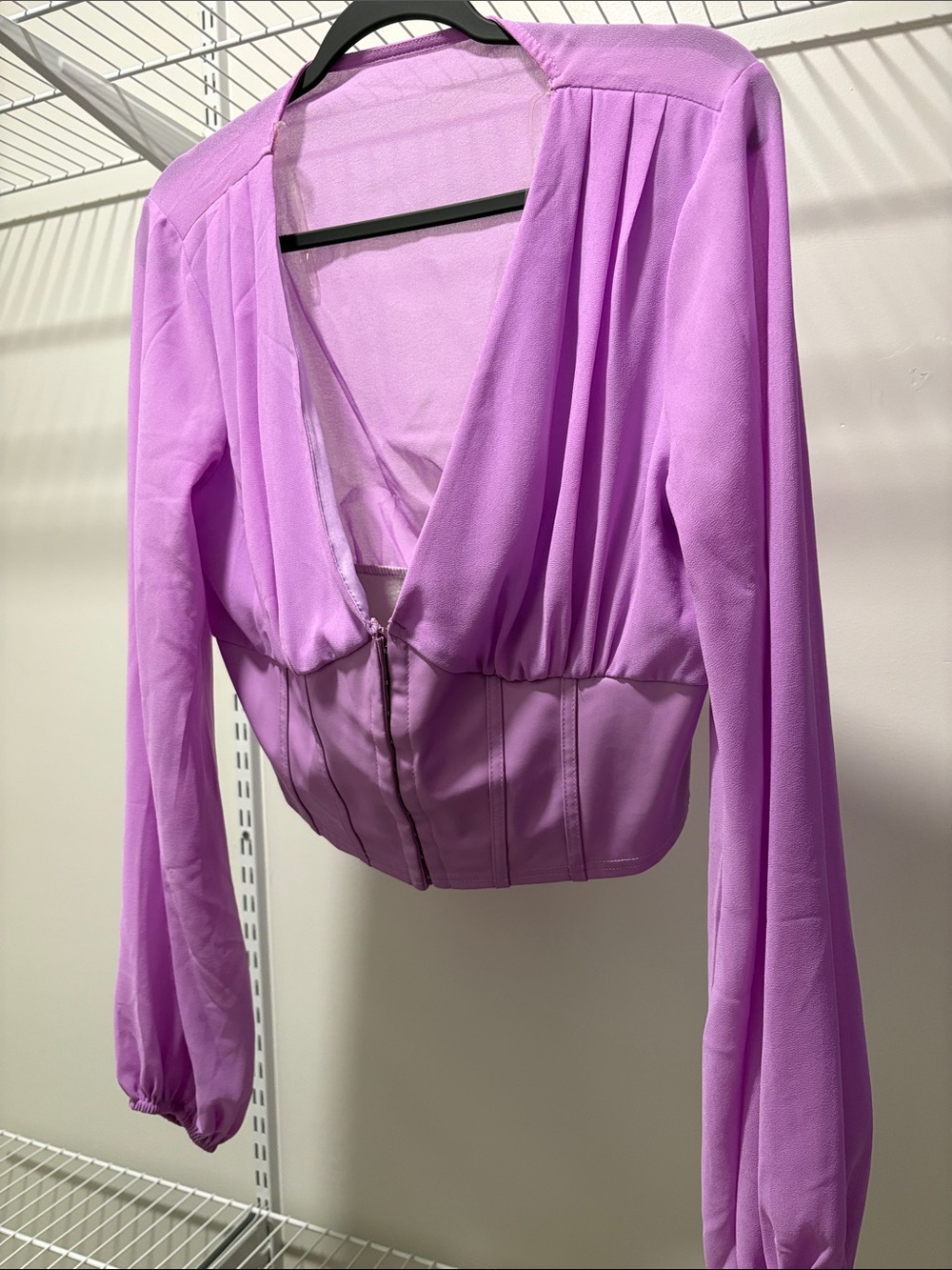 SHEIN Lavender Deep V Long Sleeve hook eye sheer Blouse